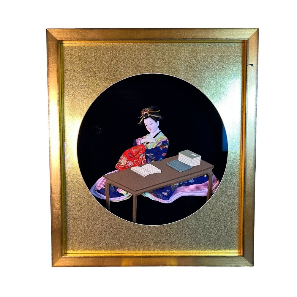 Large Vintage Japanese Geisha Bijin 3D Shadow Box Silk Kimono Gold Frame 21x18